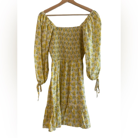 Faithfull The Brand Romina Linen Floral Puff Square Neck Mini Dress, Size 6 - Picture 8 of 10